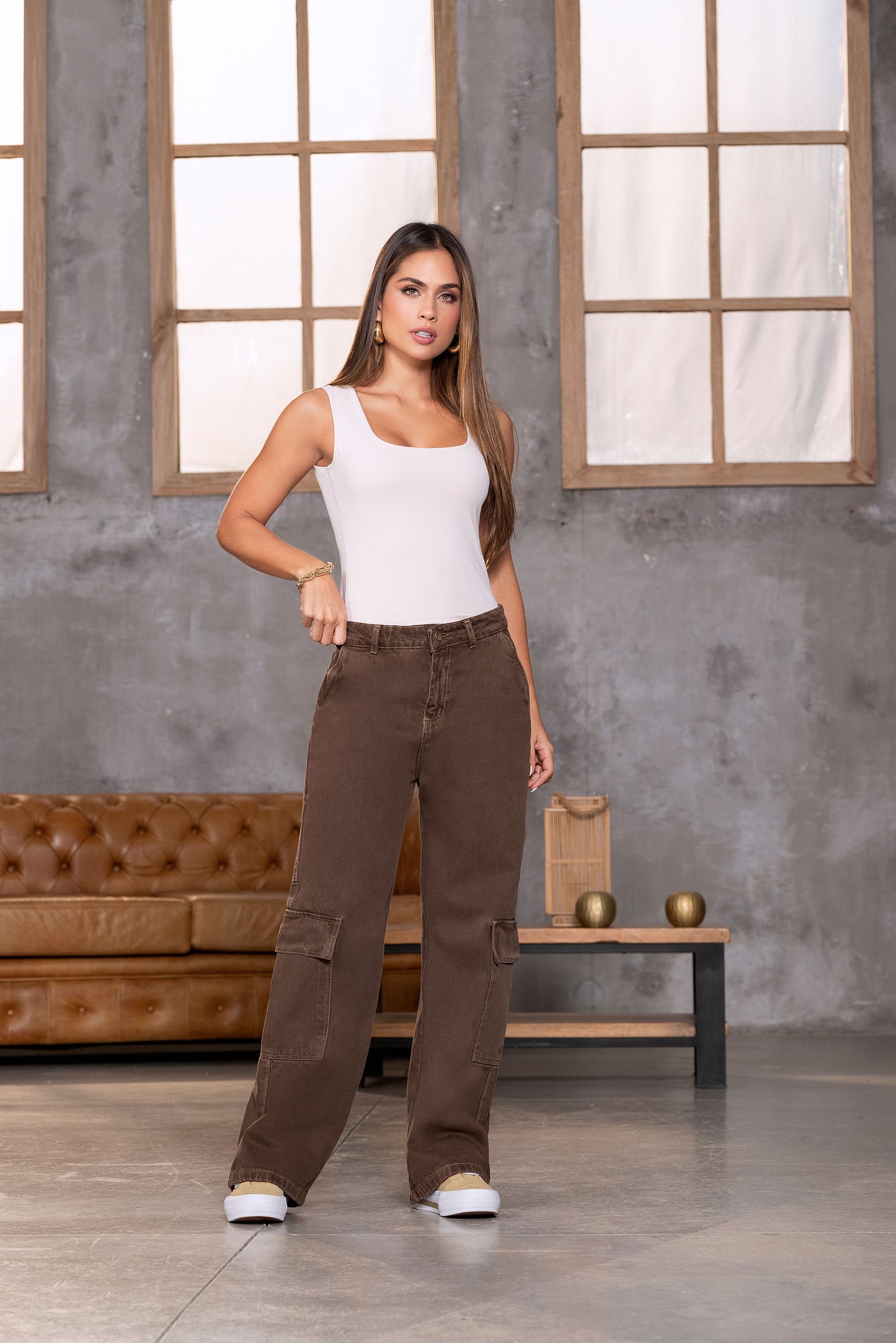 Jean Cargo Wide Leg Indigo Rigido Café Ref 1898