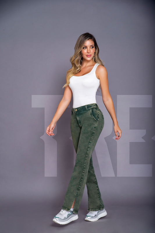 Jean Pretina 1 Botón - Bota Palazzo - Verde Irregular Ref 1499